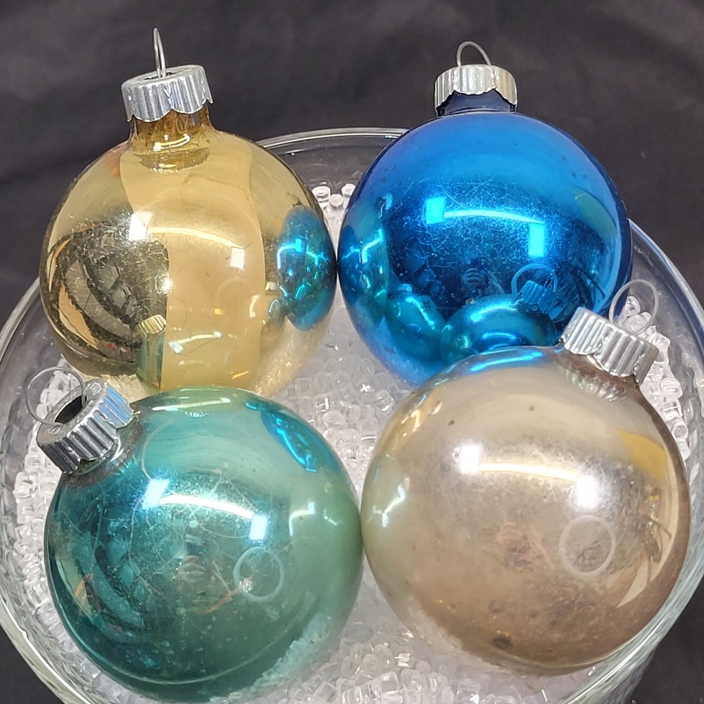 4 Shiny Brite Mercury Glass Christmas Tree‎ Ornaments Solid Gold Blue Teal Vtg
